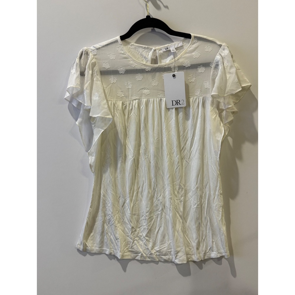 DR2 Flutter Sleeve Blouse Womens XS White NWT Floral Mesh Yoke Top